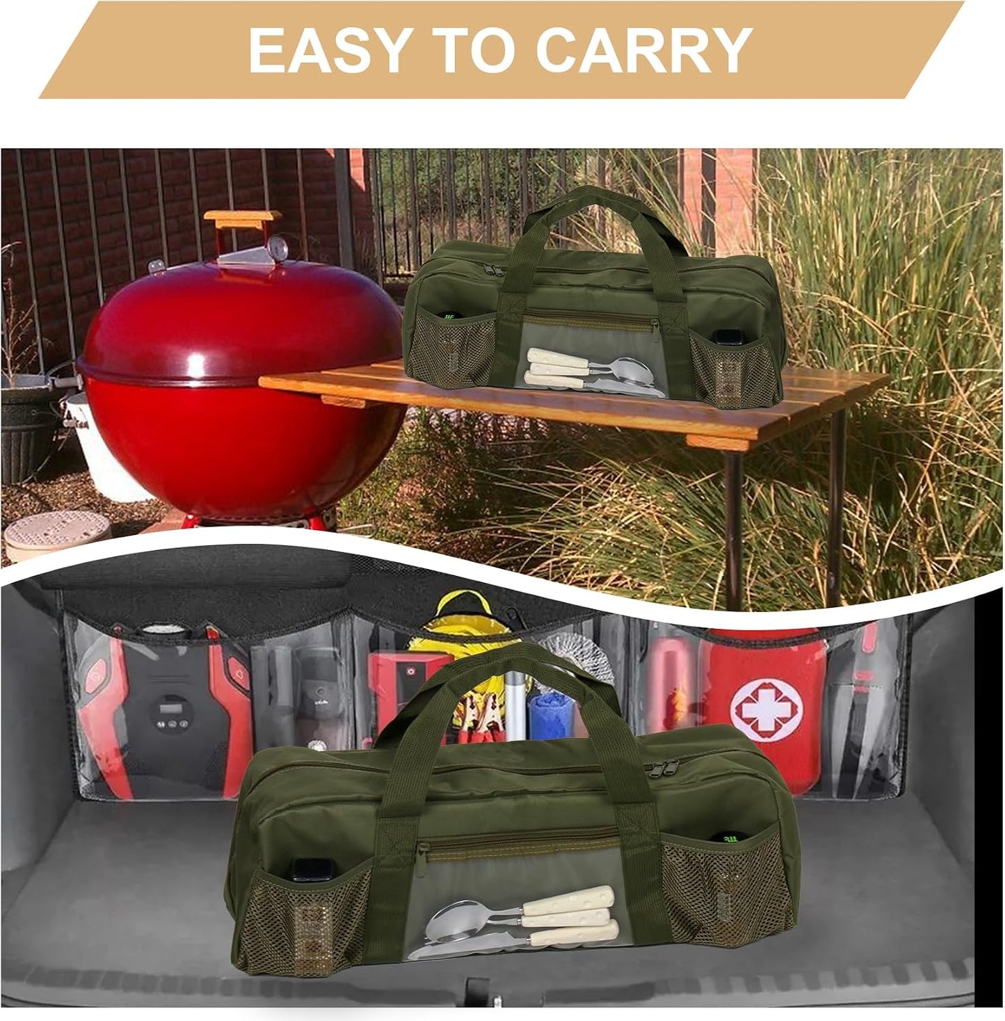 Grill Tools Storage Bag, BBQ Utensil Holder with Pockets, Grill Storage Container for Outdoor Camping & Hiking BBQ, for Barbecue Tool up to 22", Gift for Men, Green