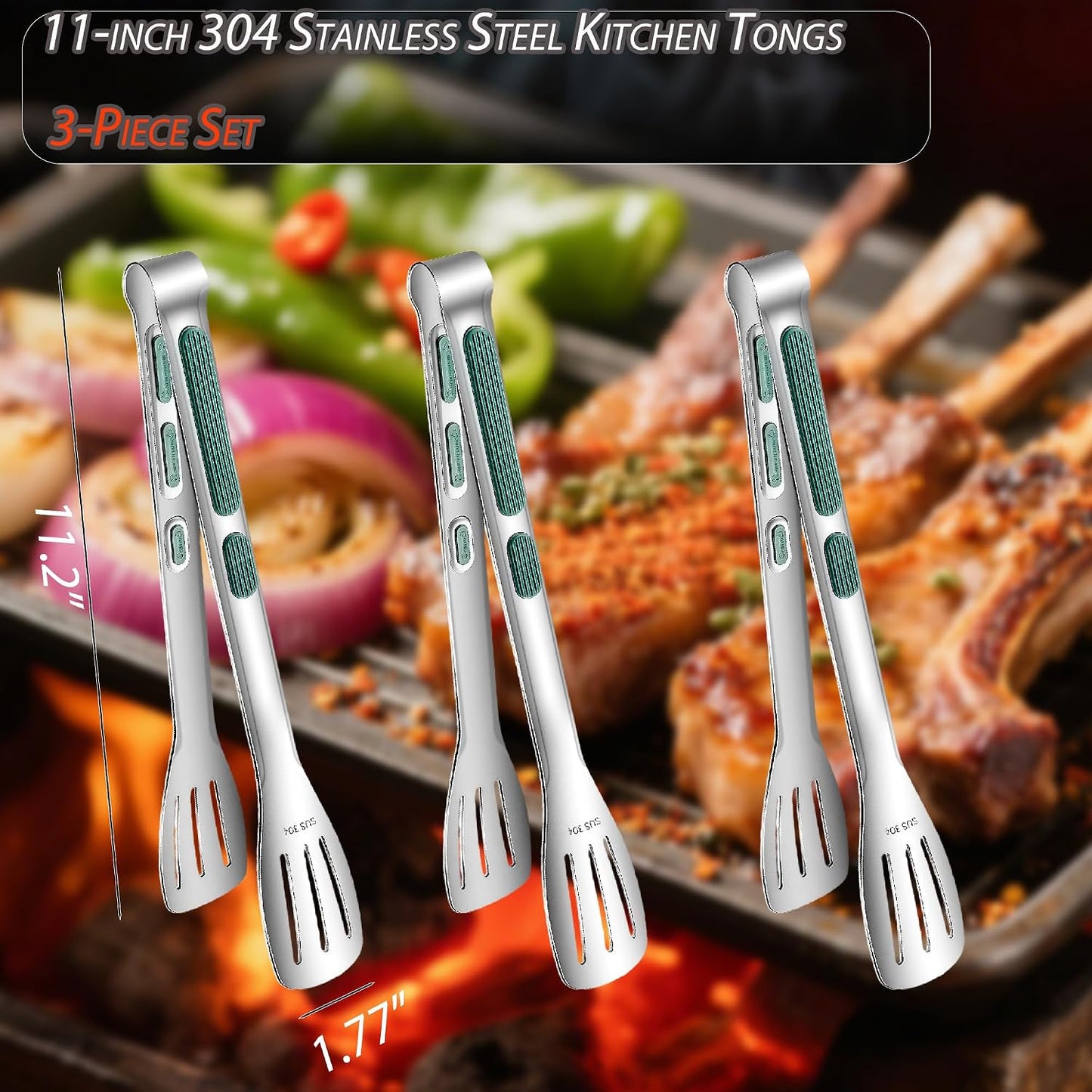 Stainless Steel Kitchen Tong Set - Anti-Slip Heat-Resistant Grip, Widened 3-Line Slotted Heads for Easy Clamping (Steaks, BBQ, Pasta, Salads), Easy Clean for Versatile Use Set of 3-6", Silver