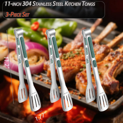 Stainless Steel Kitchen Tong Set - Anti-Slip Heat-Resistant Grip, Widened 3-Line Slotted Heads for Easy Clamping (Steaks, BBQ, Pasta, Salads), Easy Clean for Versatile Use Set of 3-6", Silver