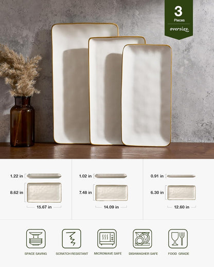 Famiware Serving Platter, Rectangular 15.67/14.1/12.6inch Serving Dishes for Entertaining, Microwave Dishwasher Safe, Stoneware Serving Trays for Party, Turkey, Cheese, Ocean Series, Cappuccino White