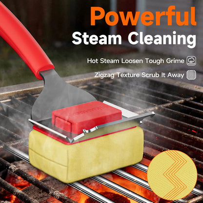 Bristle Free Grill Brush with Scraper for Outdoor Grill Cleaning, Safe Steam BBQ Grill Cleaner, Replaceable Head, Grilling Accessories for Cast Iron, Stainless Steel, Porcelain, Ceramic Grates - Black