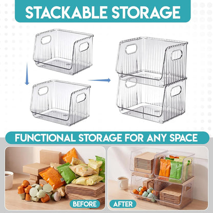 Novabright 4 Pcs Clear Plastic Storage Bins Stackable Pantry Storage Organizer Kitchen Cabinet Organizers Ideal Containers for Coffee Pod Tea Sugar Bag Office Fridge Caddy