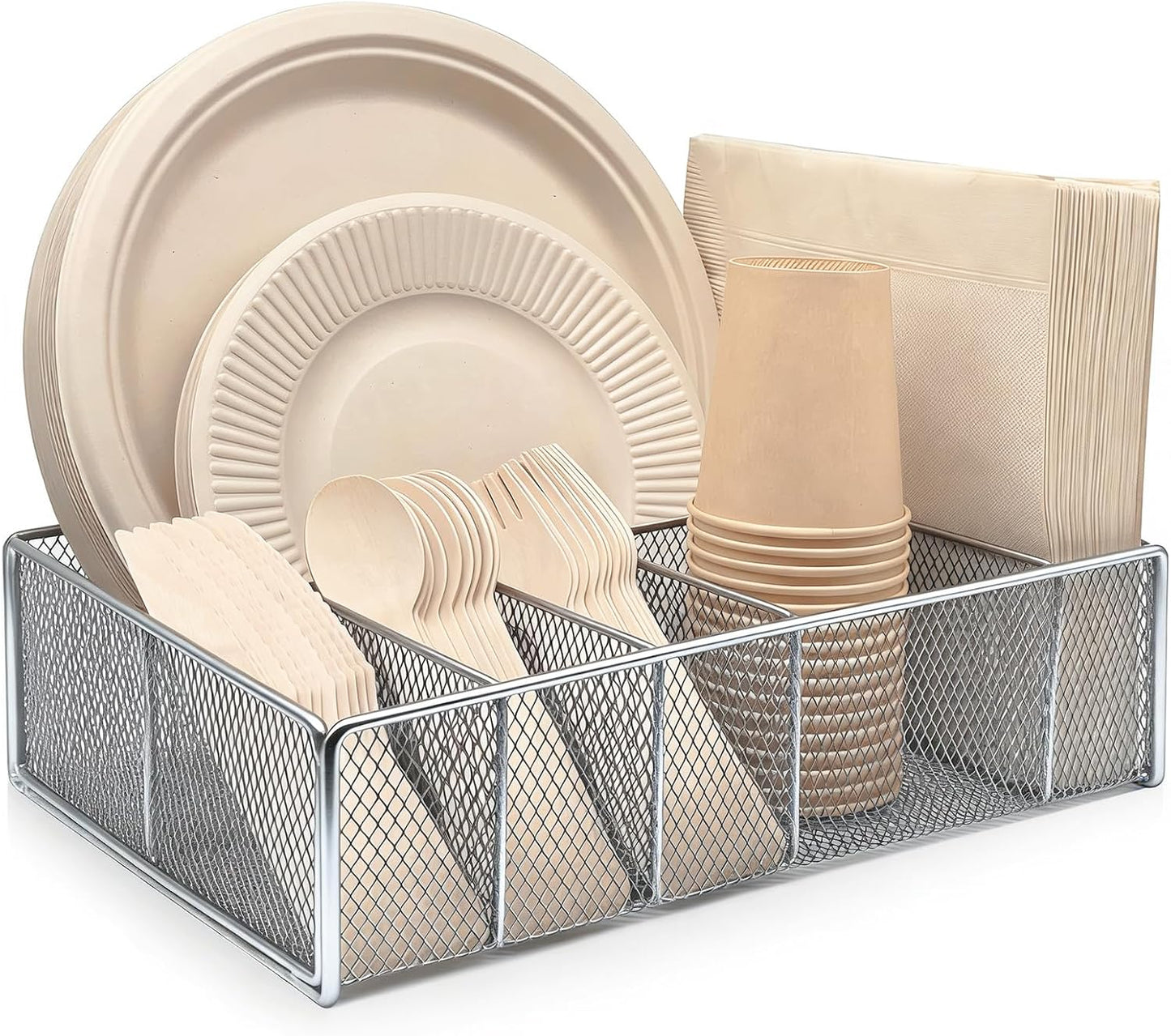 Dysanvica Metal Paper Plate Holder - Utensil Silverware Caddy for Kitchen Counter Cabinet Cutlery Flatware Organizer Storage Dispenser Box for Plastic Spoon Fork Plates Napkins Cup Party Camping White