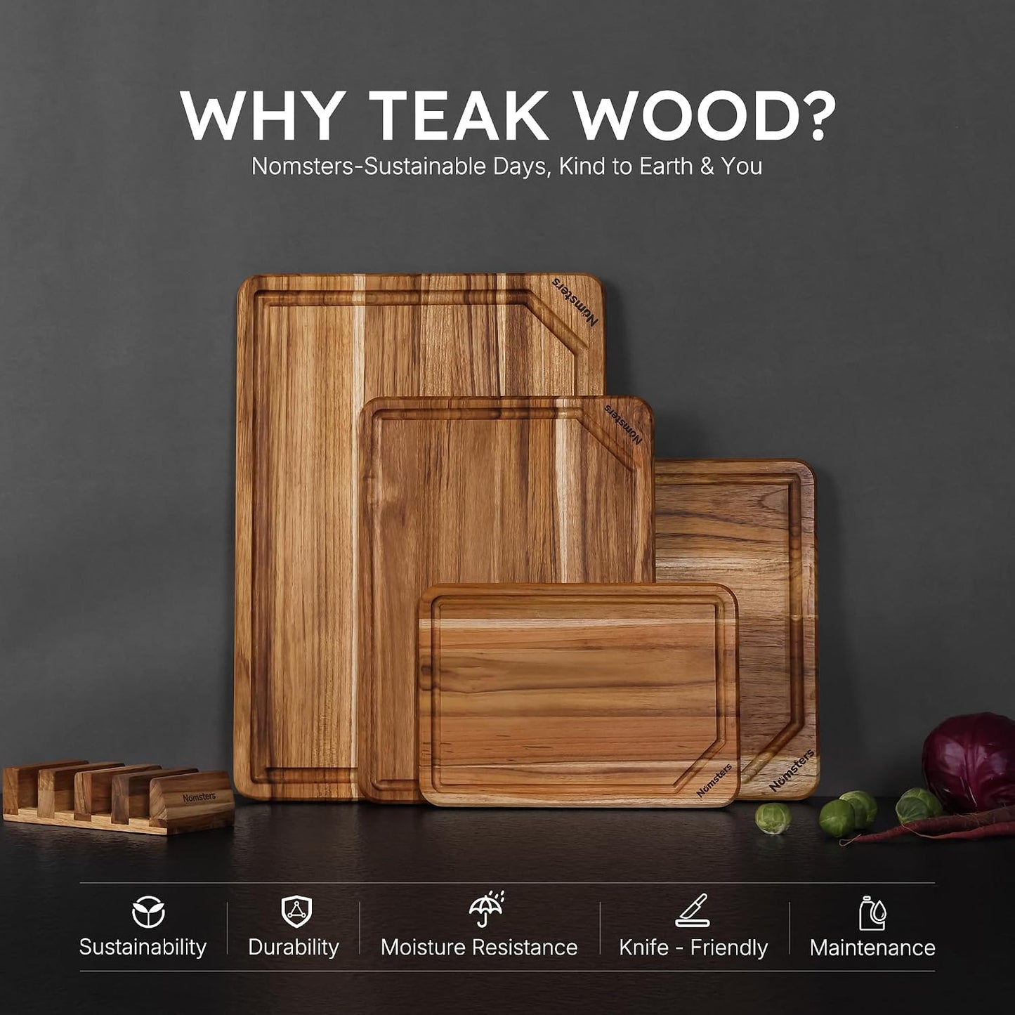 3 Pack Teak Wood Cutting Board Set for Kitchen Charcuterie Board Serving Heavy Duty Non Toxic Slip Hardwood Over Sink Solid Thick Haus Wooden Chopping Board Large Big Small Meat Best Essential Gift