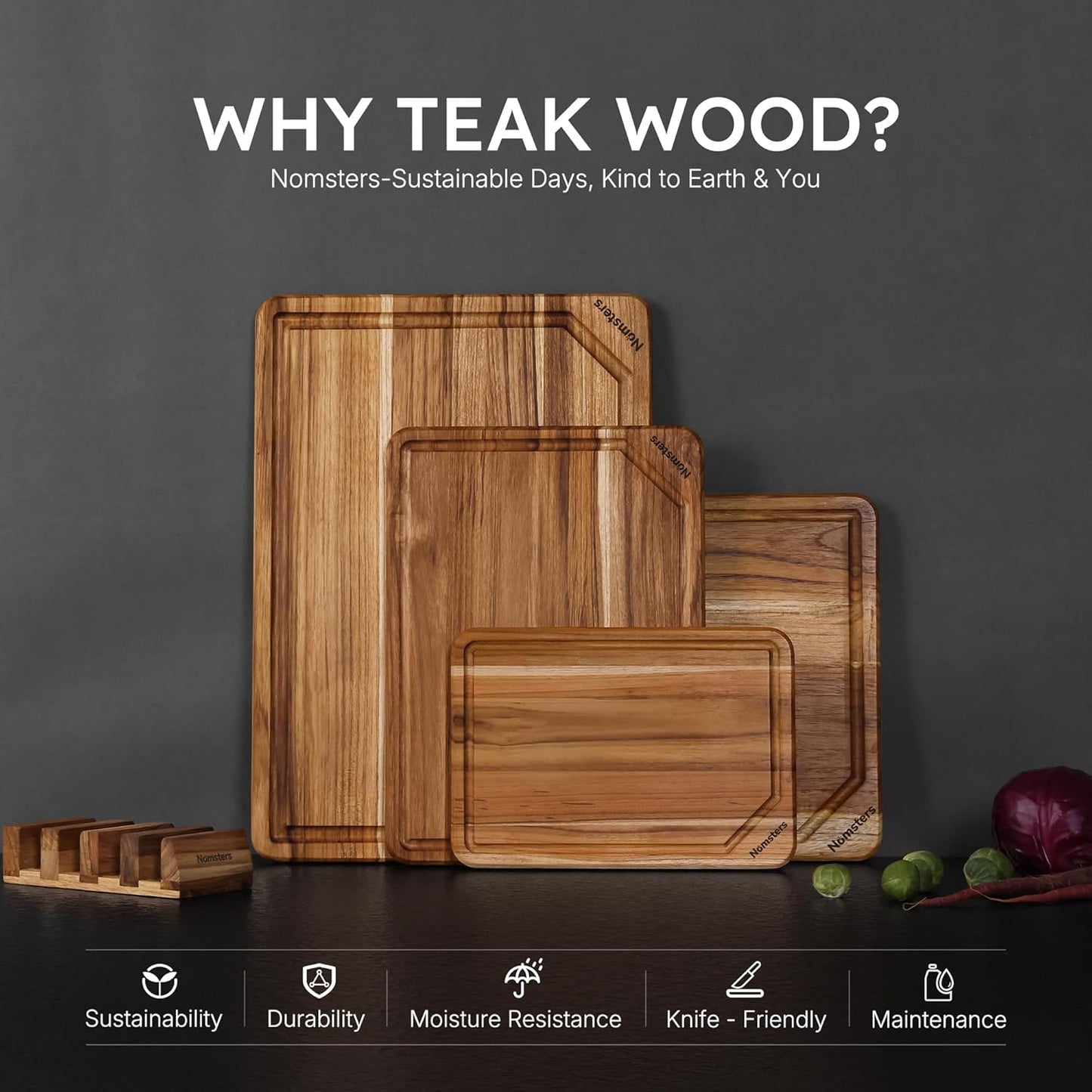 3 Pack Teak Wood Cutting Board Set for Kitchen Charcuterie Board Serving Heavy Duty Non Toxic Slip Hardwood Over Sink Solid Thick Haus Wooden Chopping Board Large Big Small Meat Best Essential Gift