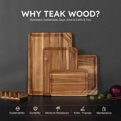 3 Pack Teak Wood Cutting Board Set for Kitchen Charcuterie Board Serving Heavy Duty Non Toxic Slip Hardwood Over Sink Solid Thick Haus Wooden Chopping Board Large Big Small Meat Best Essential Gift