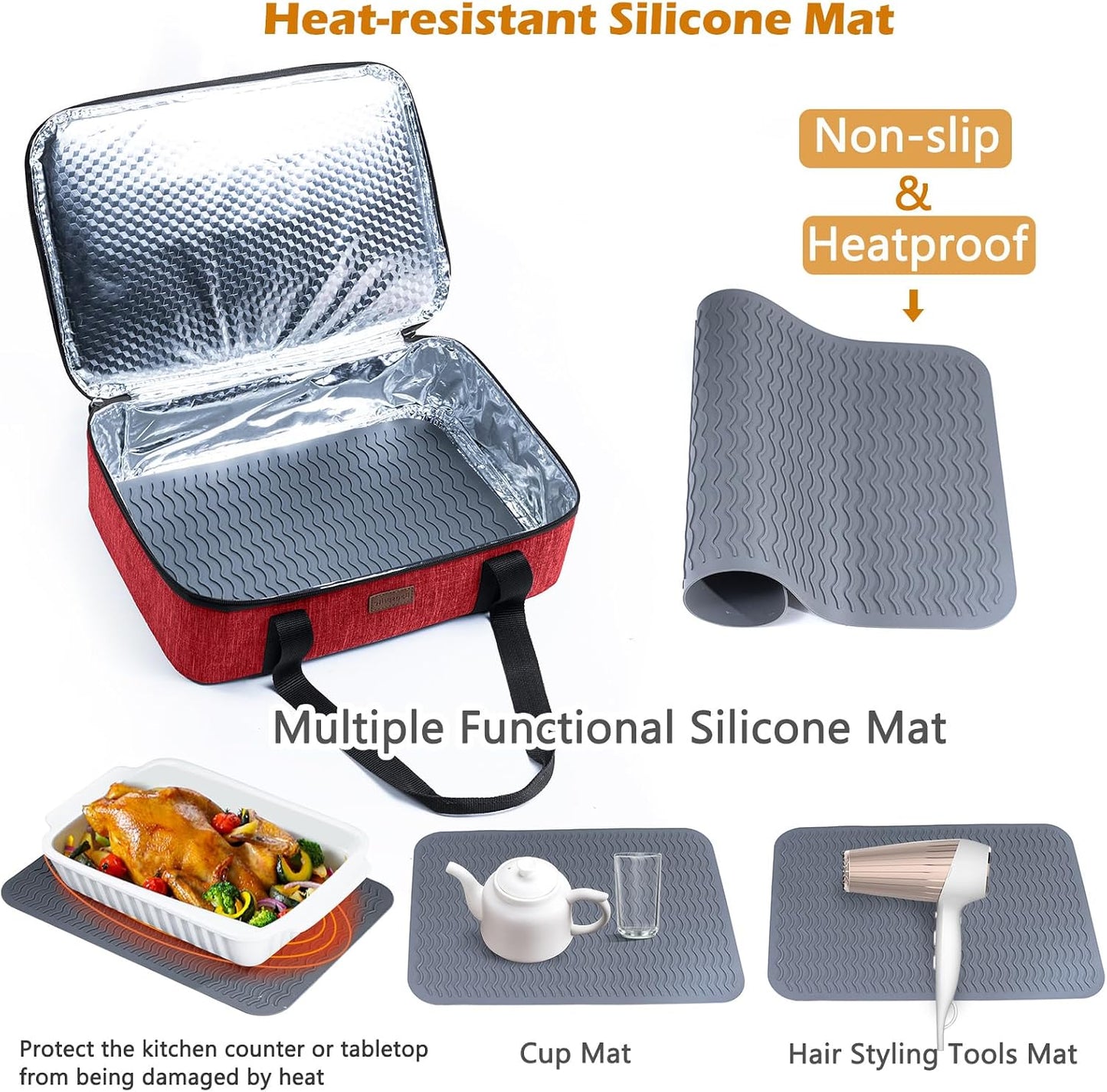 BAGSPRITE Insulated Casserole Carrier for Hot or Cold Food with Heat-resistant Mat, Casserole Dish Carrier Insulated Food Carrier, Hot Food Carrier, Foil Pan Carrier Fits 9" x 13" Baking Dish