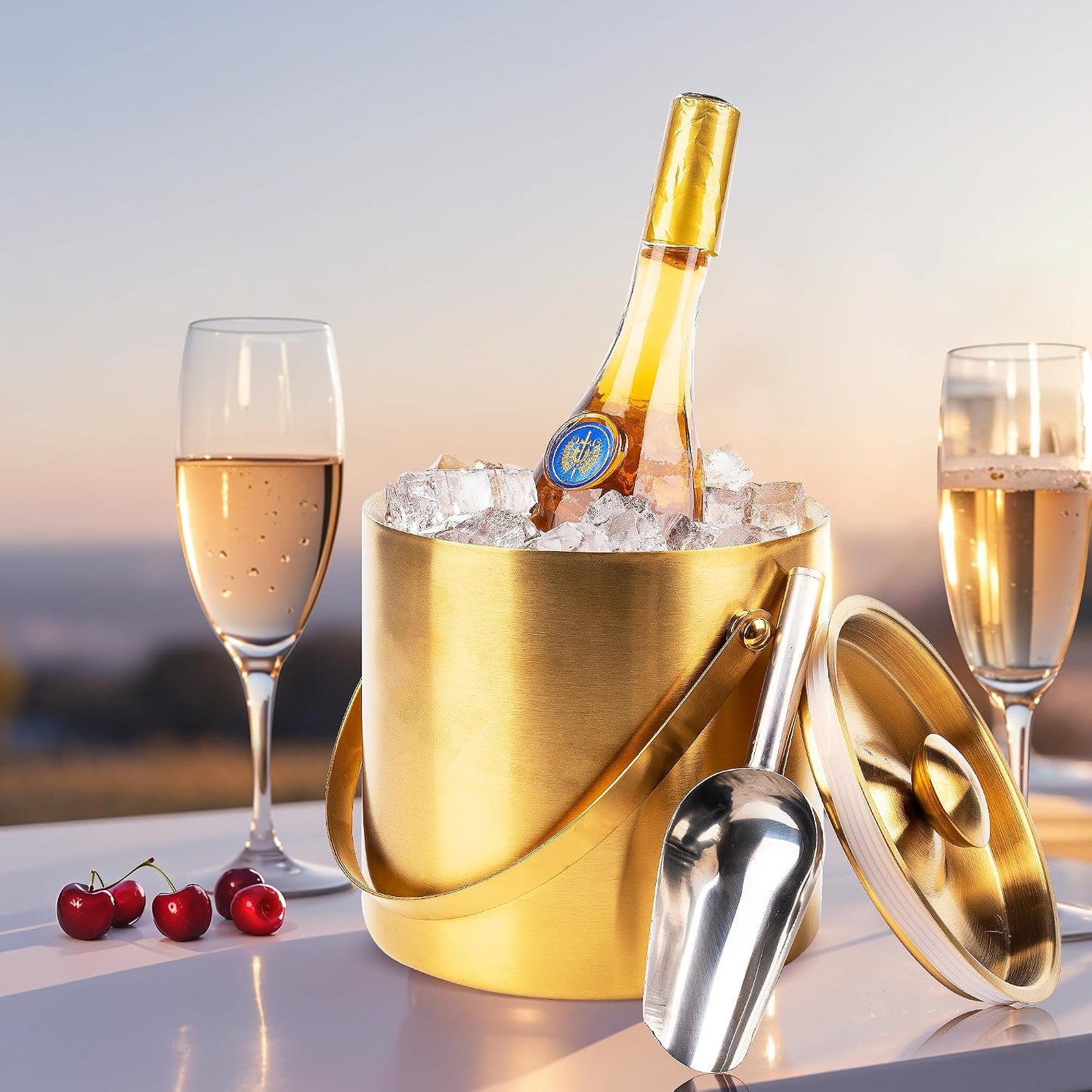 3L beige white Double Wall Insulated Stainless Steel Ice Bucket with scoop for Cocktail Bar,Metal Ice Bucket for freezer with Lid for parties.ice Container to Keep Ice Colder,bar cart accessories