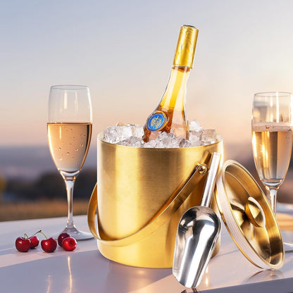 3L beige white Double Wall Insulated Stainless Steel Ice Bucket with scoop for Cocktail Bar,Metal Ice Bucket for freezer with Lid for parties.ice Container to Keep Ice Colder,bar cart accessories
