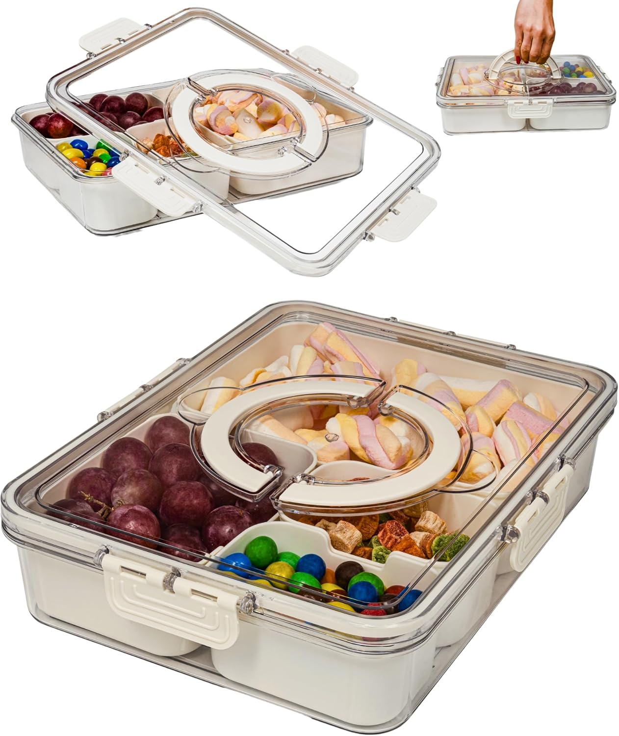 Small Snackle Box Container - Travel Snack Box Container - Snacklebox - Divided Serving Tray With Lid and Handle - Portable Snack Tray With Lid - Snackle Boxes 4 compartment Grey Blue (Cream)