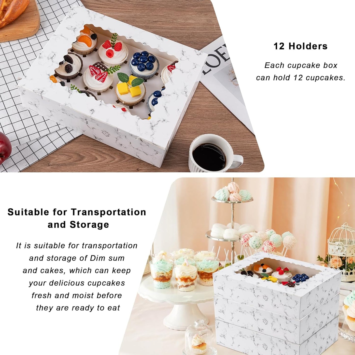 Hoewina 6PCS Cupcake Boxes - Hold 12 Count Cupcake Containers with Window, Food Grade Cupcake Holder Easy Transport and Presentation - Ideal for Cupcakes, Desserts, and More