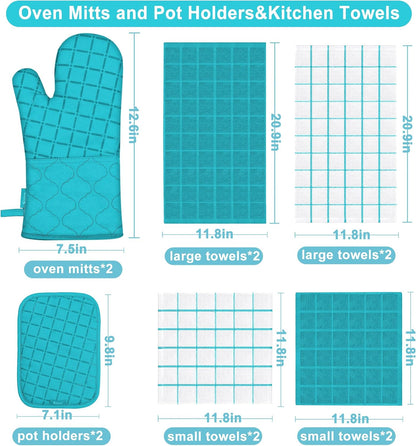 Oven Mitts Kitchen Towels and Dishcloths Pot Holders Sets, Oven Gloves Kitchen Dish Towels 500 Degree Heat Resistant Potholders with Non-Slip Silicone Surface for Cooking, Grilling, Baking-Gray