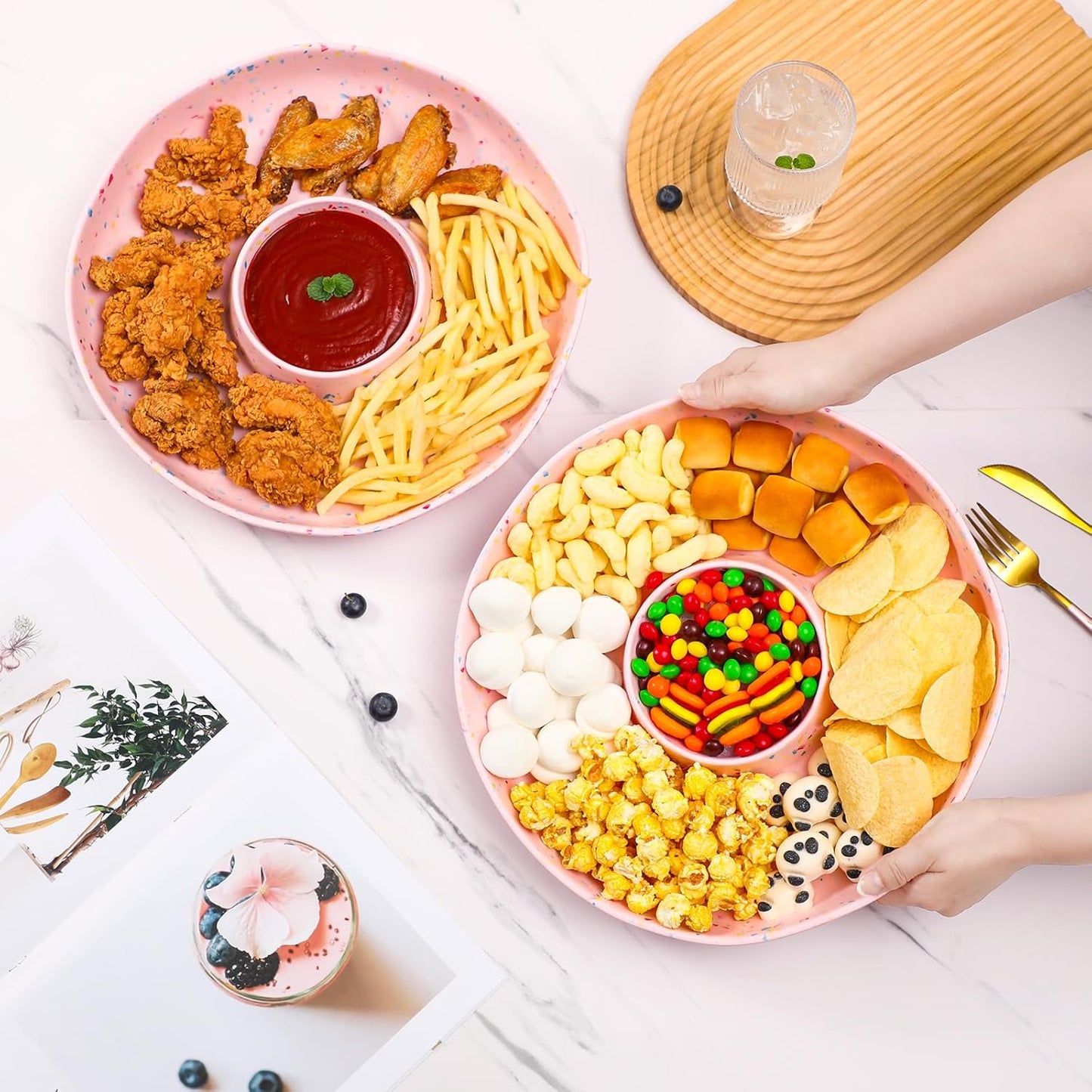 Melamine Chip & Dip Serving Platter Set of 2, 13 Inch Large Melamine Divided Bowls Set, Lightweight and Unbreakable Relish Tray for Appetizers, Snacks, Veggies, Candy - Elegant White Confetti Design