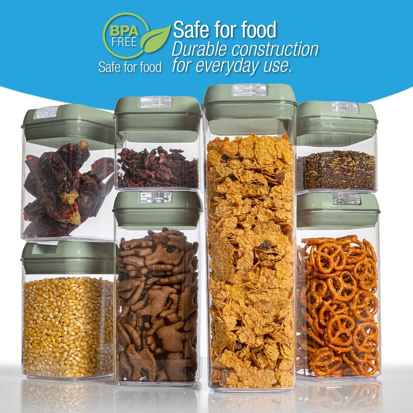 Set of 7 Airtight Food Storage Containers - Pantry Organizer Bins, BPA Free Plastic Containers plus Dry Erase Marker and Labels, White