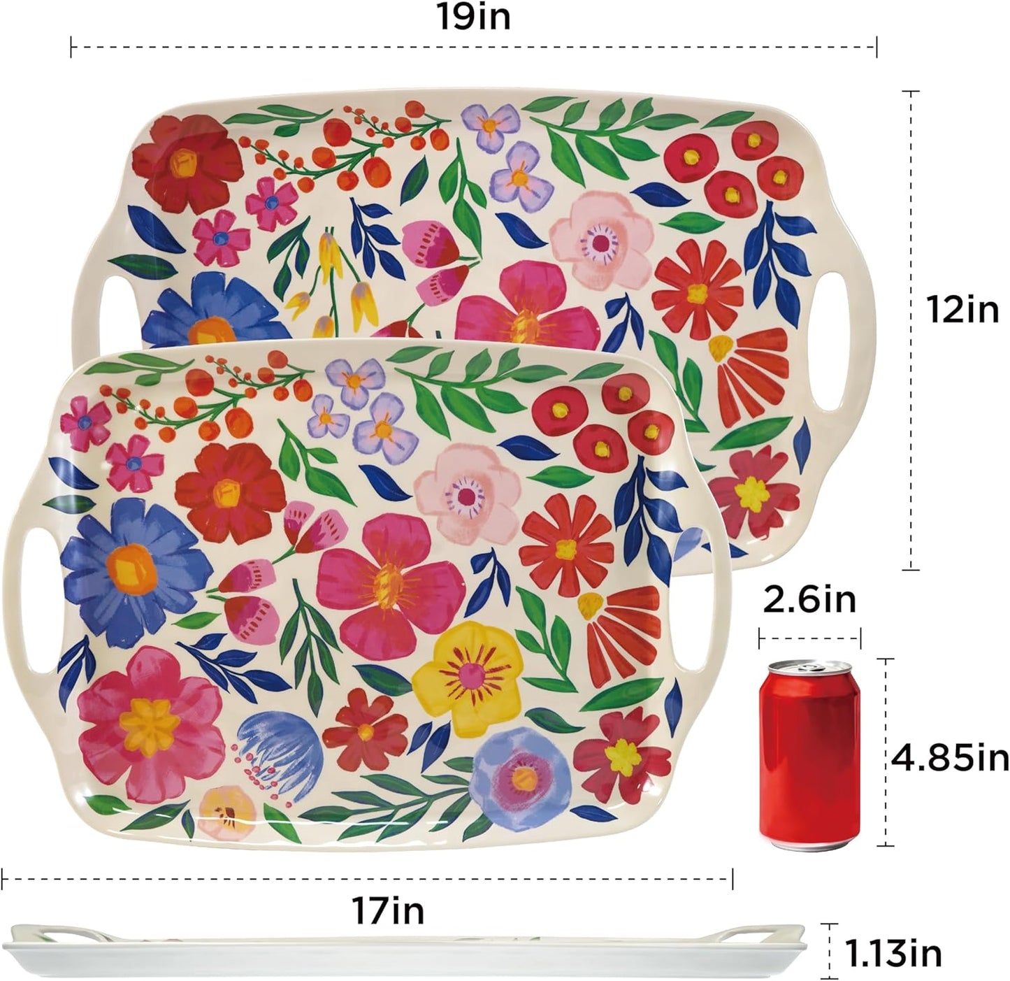 TP Large Serving Trays with Handles, 19" x 12" Melamine Serving Platters for Food, Turkey, Set of 2 Rectangular Trays for Party, Pure White