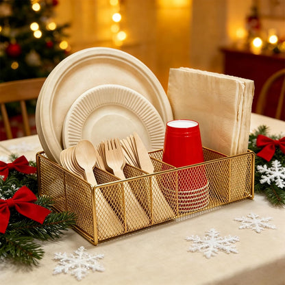 Paper Plate Organizer for Countertop - Metal Utensil Caddy Silverware Holder Cutlery Flatware Plastic Spoon Fork Plates Napkins Cup Storage Dispenser Party Picnic Essentials Camping Supplies