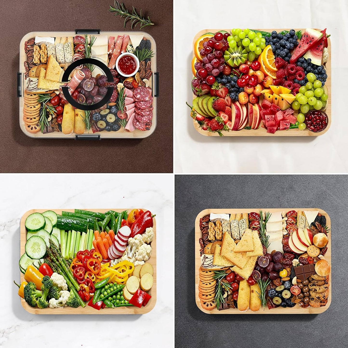 Bamboo Charcuterie Boards with Lid, Travel Portable Cheese Board & Serving Tray with Clear Cover, Charcuterie Boxes for Picnic, Kitchen, Housewarming Gifts for Women & New Home (A-6 Compartment))