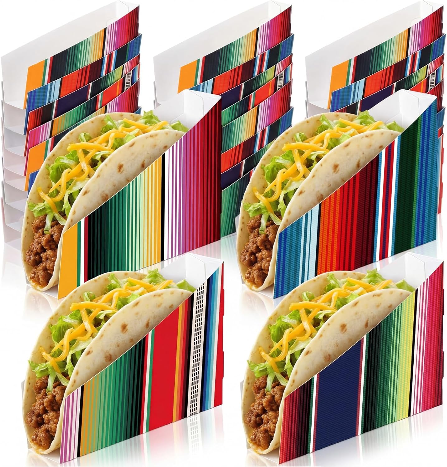 LemonRoad 48 PCS Paper Mexican Taco Holder Disposable Fiesta Taco Shell Holder for Cinco de Mayo Party Bar Serving Set, Fiesta Party Supplies Decorations(Stripe)