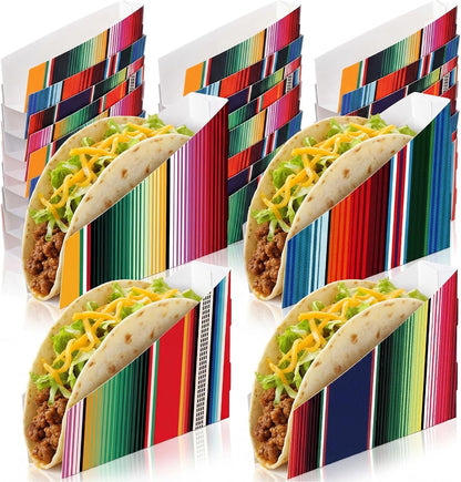 LemonRoad 48 PCS Paper Mexican Taco Holder Disposable Fiesta Taco Shell Holder for Cinco de Mayo Party Bar Serving Set, Fiesta Party Supplies Decorations(Stripe)