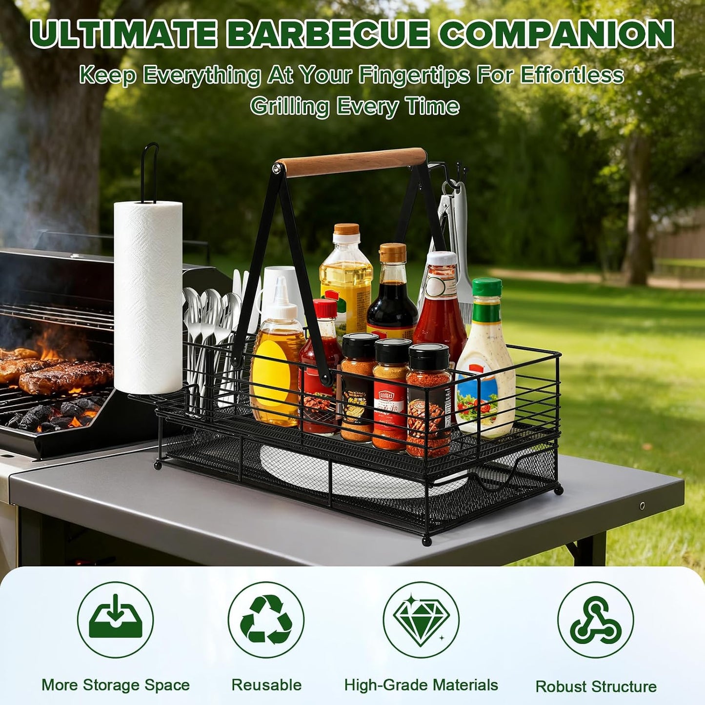 Grill Caddy, BBQ Caddy with Paper Towel Holder, Blackstone Griddle Organizer, Plate and Utensil Holder Organizer for Outdoor Grill, Picnic, Camping, Condiment Storage for Kitchen Counter