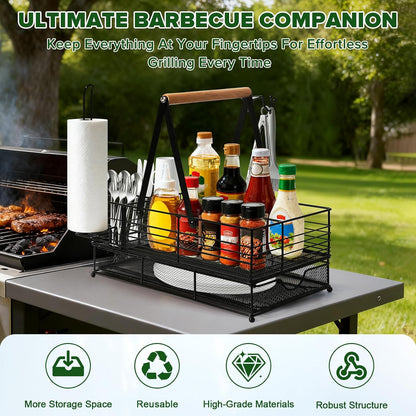 Grill Caddy, BBQ Caddy with Paper Towel Holder, Blackstone Griddle Organizer, Plate and Utensil Holder Organizer for Outdoor Grill, Picnic, Camping, Condiment Storage for Kitchen Counter