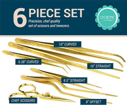 O'Creme Set of Culinary Tweezer Tongs Offset, Straight and Curved, Plus Super Sharp Chef Scissors, Total 6 Pieces (Rose Gold)