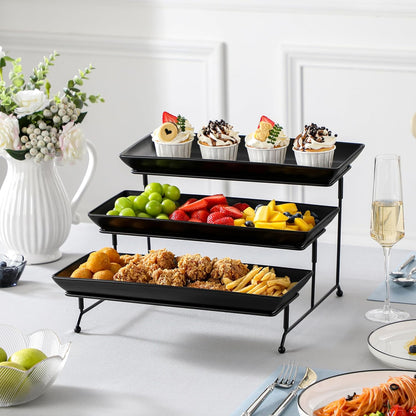 MALACASA 3 Tier Serving Trays for Party, Porcelain Serving Platters and Trays, 12 Inch Tiered Tray Stand, Fruit Tray, Trays for Serving Food, White Dessert Stand with Collapsible Sturdier Metal Rack