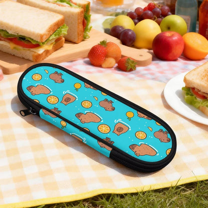Travel Cutlery Set with Case for Kids Portable Utensil Case Reusable Silverware Pouch for School Travel Lunch Capybara Flower