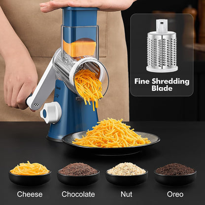 Geedel Rotary Cheese Grater, Kitchen Mandoline Vegetable Slicer with 3 Interchangeable Blades, Easy to Clean Rotary Grater Slicer for Cheese, Vegetables, Nuts