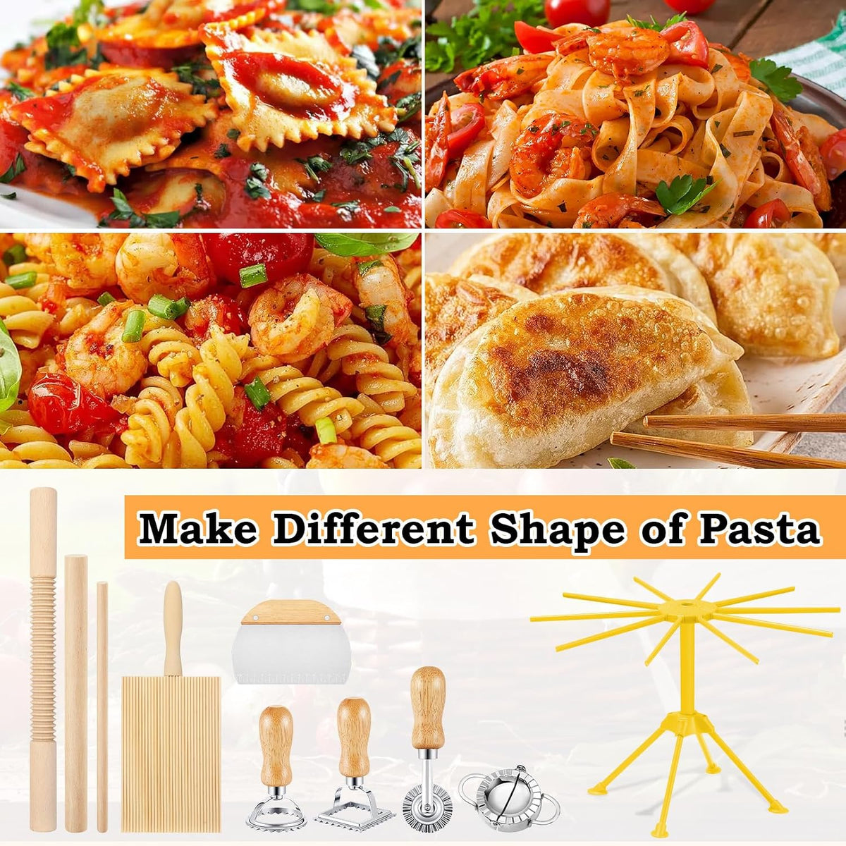 10 Pcs Pasta Making Tools Set with Pasta Drying Rack, Gnocchi Board