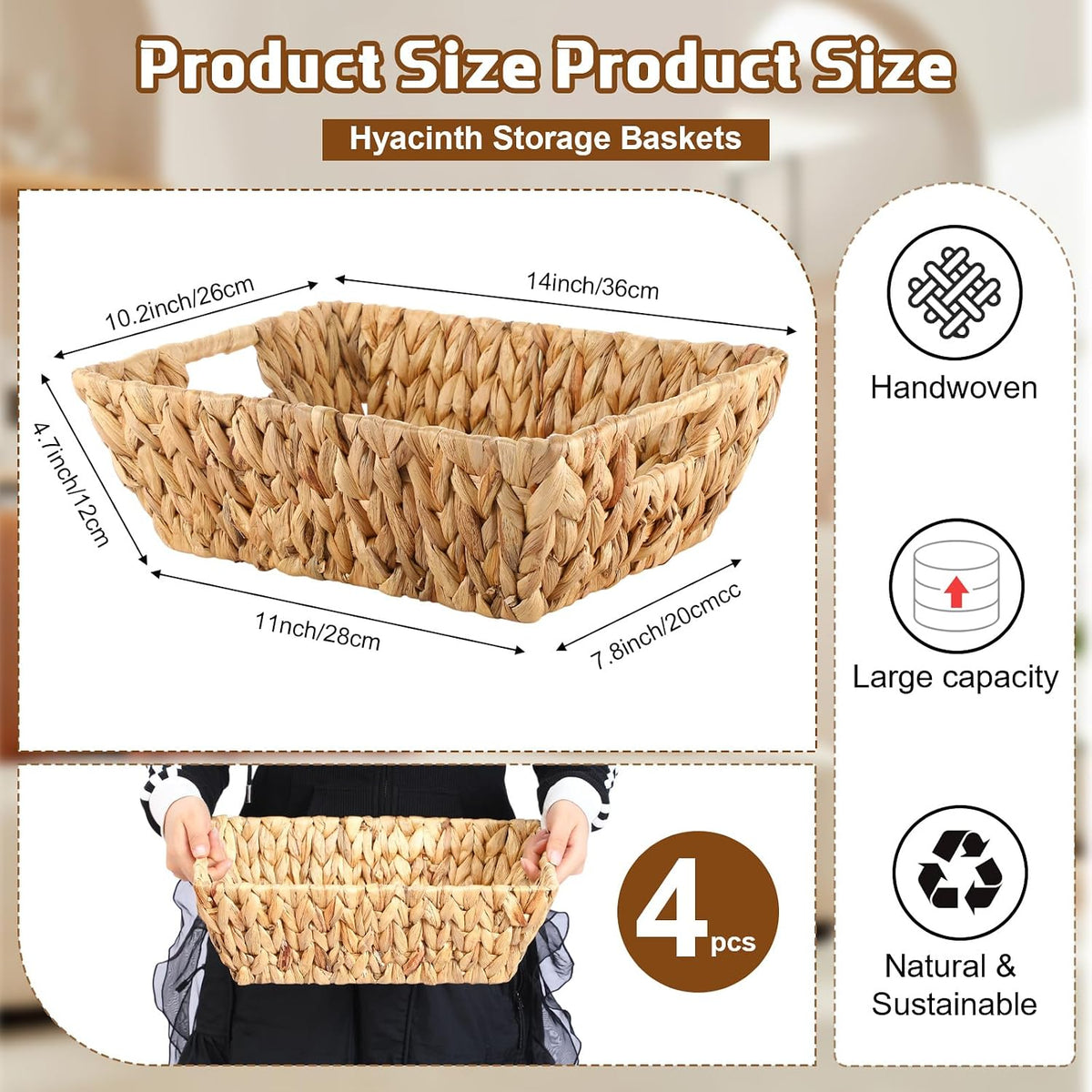 Novabright 4 Pcs Water Hyacinth Storage Baskets 14"L x 10''W x 4.7''H Large Wicker Woven Basket with Handles Pantry Gift Baskets Natural Storage Bins for Organizing Countertop