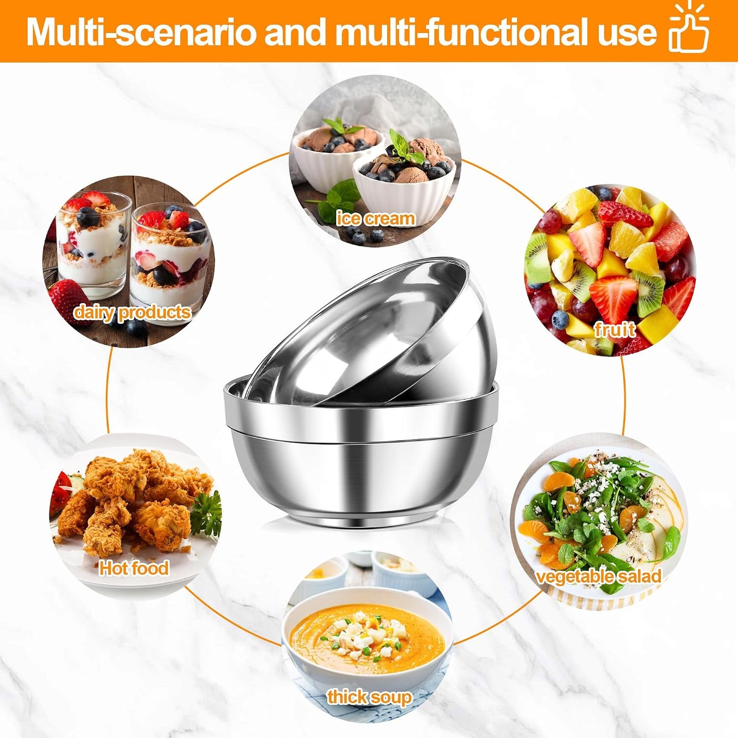 3 Pack Stainless Steel Bowls, 12oz Double-Walled Insulated Serving Dishes Snack Bowls for Ramen, Salad, Ice Cream, Soups