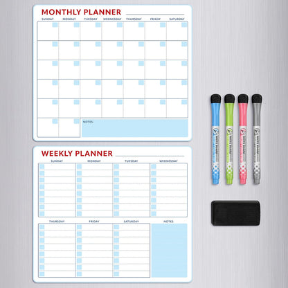 Magnetic Whiteboard Calendar for Fridge – 2-Pack Monthly & Weekly Planners (14”x12”) – Dry Erase Boards with Notes Section, Shaded Dates – Includes 4 Markers & Magnetic Eraser