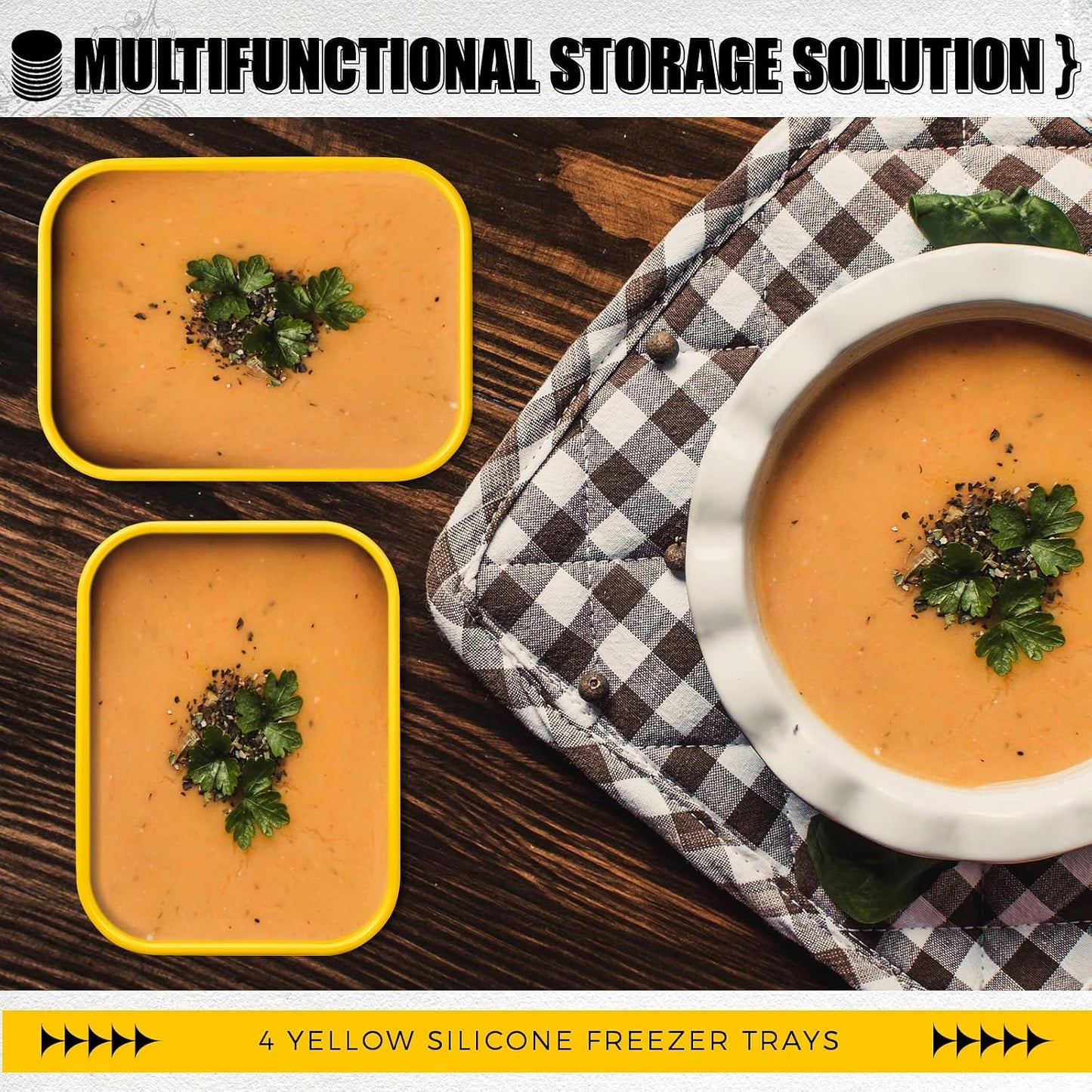 Nuogo 4 Pcs 6 Cup Silicone Freezer Trays with Lid Soup Containers Reusable Freezer Silicone Molds Rectangle Containers Ice Trays for Soups Sauces Stews Curries, Yellow