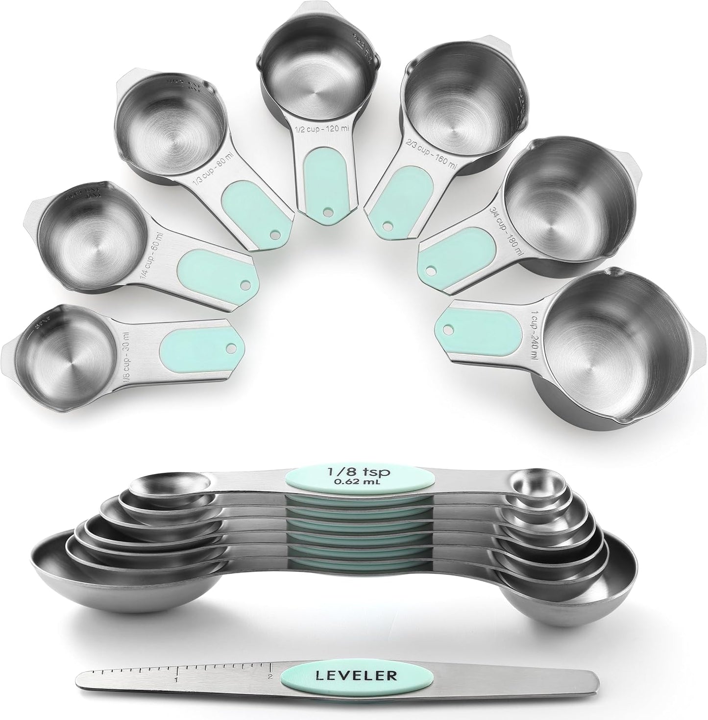 Spring Chef Magnetic Measuring Cups & Spoons Set, Patented, Strong N45 Magnets, Heavy Duty Stainless Steel Fits in Spice Jars for Baking & Cooking, BPA Free, Round Set of 15 with Leveler, Black