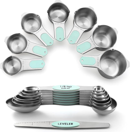 Spring Chef Magnetic Measuring Cups & Spoons Set, Patented, Strong N45 Magnets, Heavy Duty Stainless Steel Fits in Spice Jars for Baking & Cooking, BPA Free, Round Set of 15 with Leveler, Black