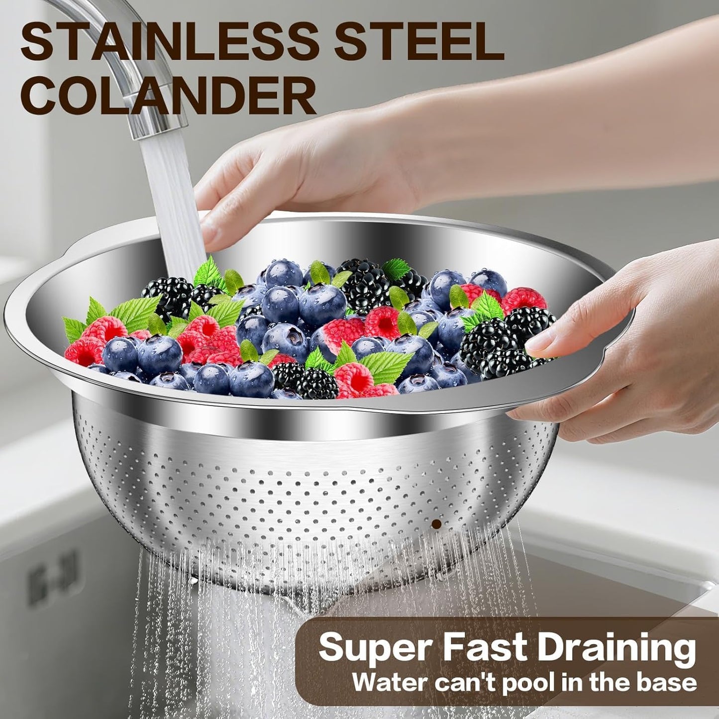 Stainless Steel Strainer with Mixing Bowl, Rice Washer, Colander for Kitchen, Rice Strainer, Fruit and Vegetable Wash, Microporous Colander, Fruit Cleaner Bowl, Dishwasher Safe