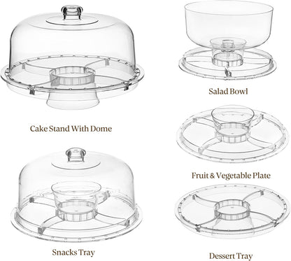 HBlife Cake Stand with Lid (11.4"), Multifunctional Cake Stand with Acrylic Dome, Acacia Wood 6-in-1 Cake Plate Display Stand with Cover for Baking Gifts, Birthday Kitchen Parties, Weddings
