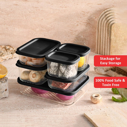 EATEX Grooved Base Glass Meal Prep Containers, 12 Pack Glass Food Storage Containers with Lids for Meal Prep & Lunch, Microwave Oven Freezer Dishwasher Safe, Anti Moisture Non-Stick Design - Black