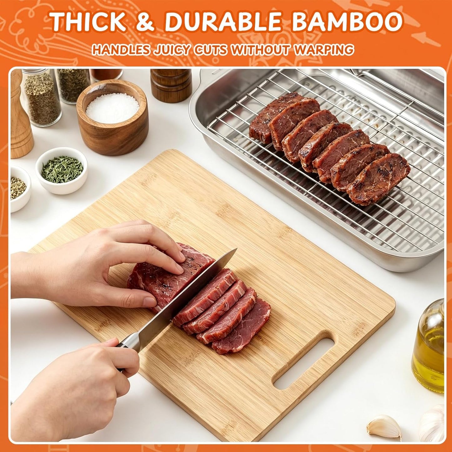 Hushee 6 Pcs Stainless Steel Grill Prep and Serve Tray Set, Grill Carry System, Large Marinating Container with Lid, Metal Grates, Cutting Board, Meat BBQ Blanket Food Prep, BBQ Grilling Accessories