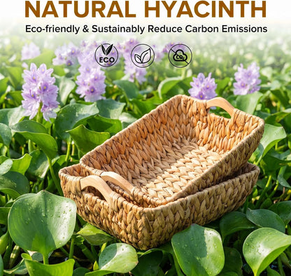 Storage Basket Set of 2 14.4x10.6x4.4 Inch Water Hyacinth Storage Baskets with Wooden Handles Woven Bins for Shelves Natural Handmade Rectangular Organizers for Pantry Bathroom Living Room