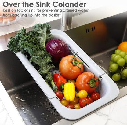 Extendable Colander Strainer Basket, Over the Sink Colander and Strainer for Kitchen, Wash Vegetables and Fruits, Drain Pasta and Dry Dishes, Adjustable Colander from 13.5In to 18.7In, Gray
