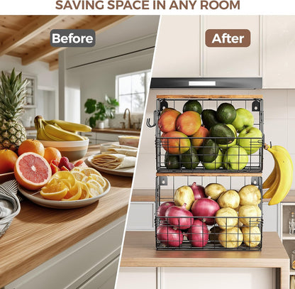 Delamu Stackable Metal Fruit Basket with Wood Lid 3 Pack, Hanging Wall Organizer for Kitchen Counter, Pantry Storage for Onions, Potatoes, Garli, Fruits, Spices, Black
