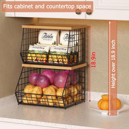 3 Pack Extra Large Fruit Basket for Kitchen with Wood Lid Nameplate - Counter&Wall Mounted Onion and Potato Storage Bin, Stackable Metal Hanging Wire Baskets,15.74 * 8.66 * 10.63 inch