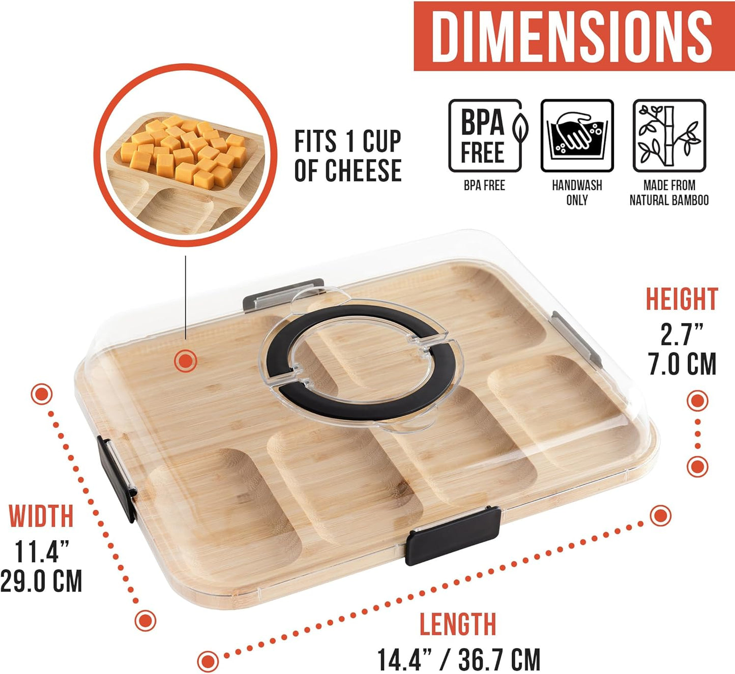 Chef Pomodoro Travel Charcuterie Board With Lid, Serving Tray, Portable, Covered Tray With Lid, Cheese Platter, Wood Grazing Board With 6 Compartments 14.4 X 11.4 in (36.7 X 29 cm)