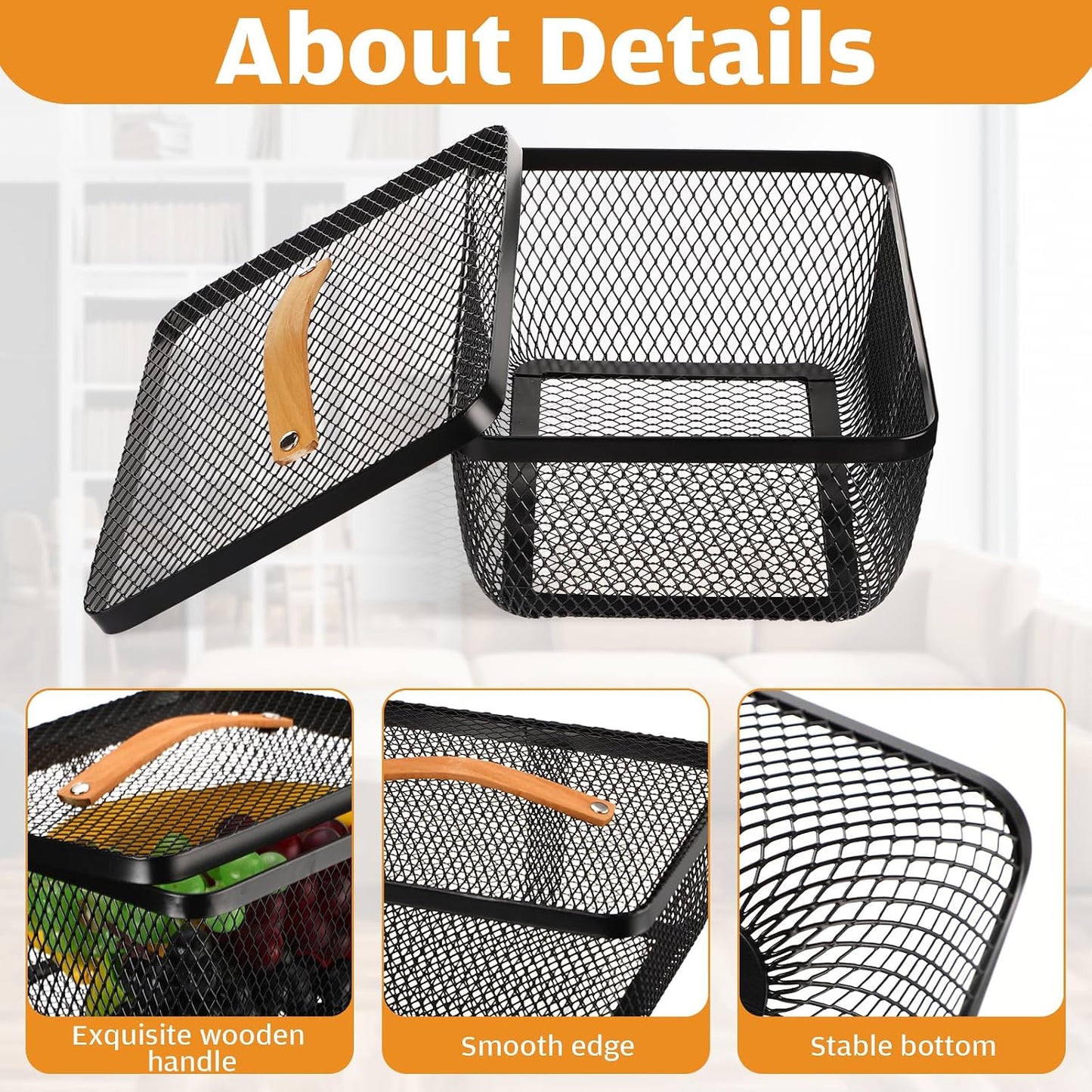 Tandefio 4 Pcs Metal Mesh Basket with Lid and Wooden Handle 9.65 x 7.68 Inch Wire Storage Basket Garden Baskets Organizer Containers for Vegetable Fruit Picnic Kitchen Bathroom (White)