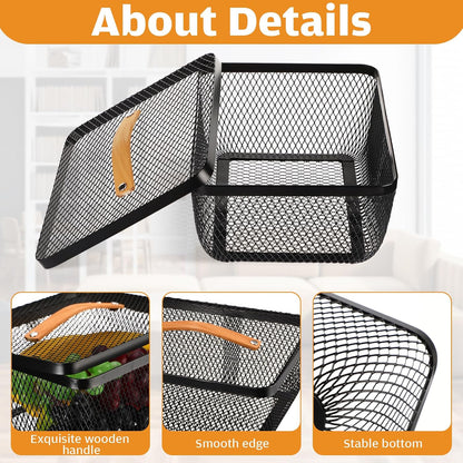 Tandefio 4 Pcs Metal Mesh Basket with Lid and Wooden Handle 9.65 x 7.68 Inch Wire Storage Basket Garden Baskets Organizer Containers for Vegetable Fruit Picnic Kitchen Bathroom (White)