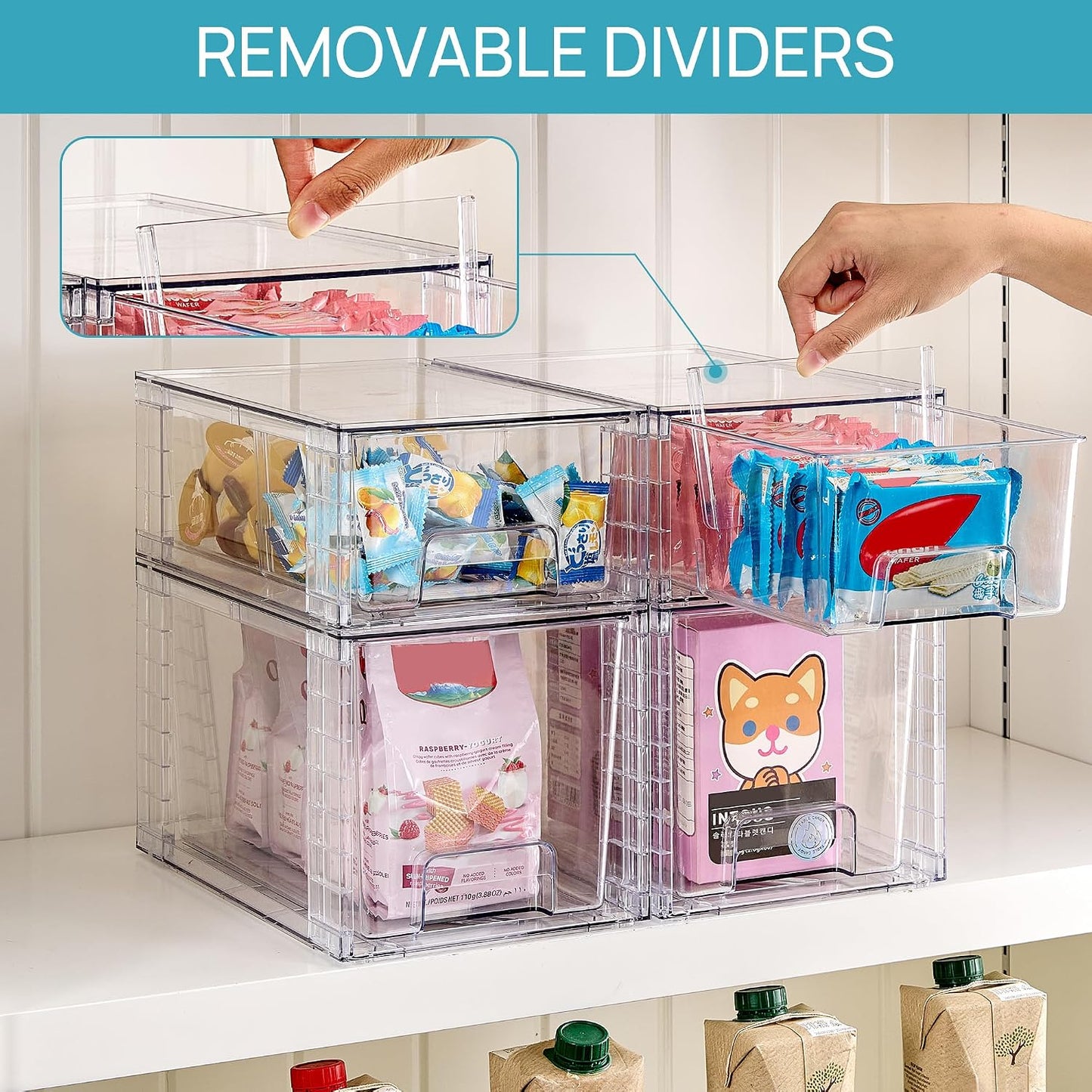 Vtopmart 4 Pack Clear Stackable Storage Drawers,Under Sink and Kitchen Organizers Storage,Easy to Assemble Plastic Drawers for Baby Bottle,Medicine, Bathroom,Cabinet and Pantry Organization