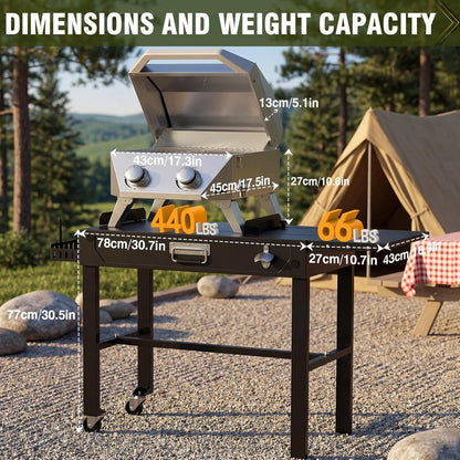 BESTFIRE 2-Burner Tabletop Propane Grill with Foldable Grill Cart, Portable Gas BBQ Station with Wheels & Prep Table, Dual-Fuel Setup for 1lb & 20lb Tanks, Stainless Steel Outdoor Kitchen for Camping