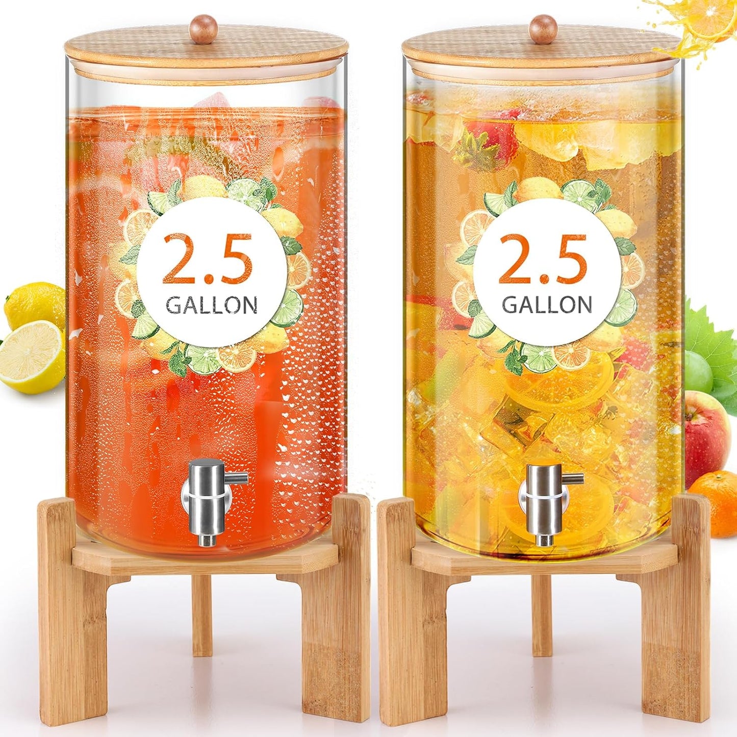 FillTouch 2 Pack 2.5 Gallon Drink Dispensers for Parties, Glass Beverage Dispensers with Bamboo Stand, Spigot and Bamboo Lid Leakproof for Lemonade Juice, Tea, Water, and Party Drinks